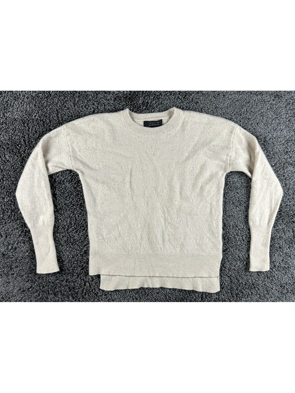 Tahari Womens M 100% Cashmere 2-Ply Crewneck Sweater Oatmeal Beige High Low